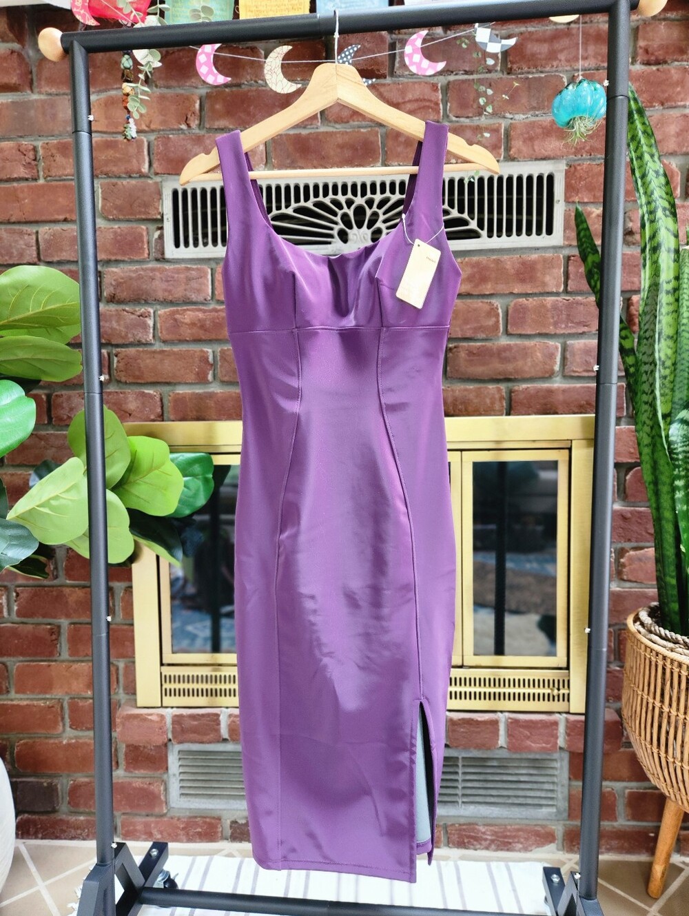 Popilush Faux Nubuck Bodycon Sculpting Slit Midi Dress Purple S NWT
